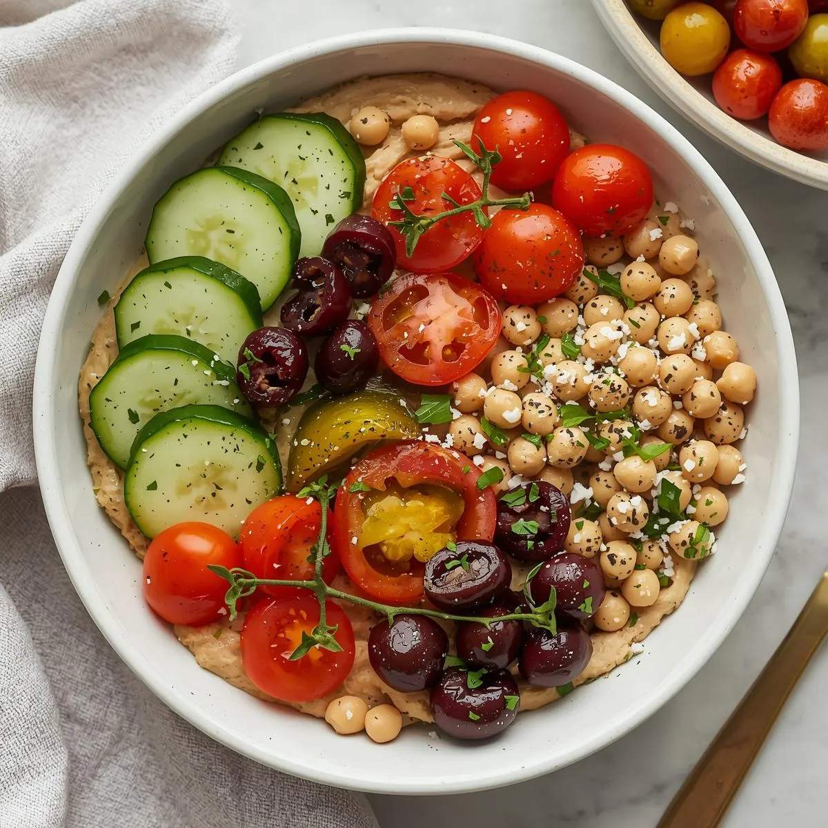 Mediterranean chickpea bowl with hummus, cucumbers, olives, and cherry tomatoes