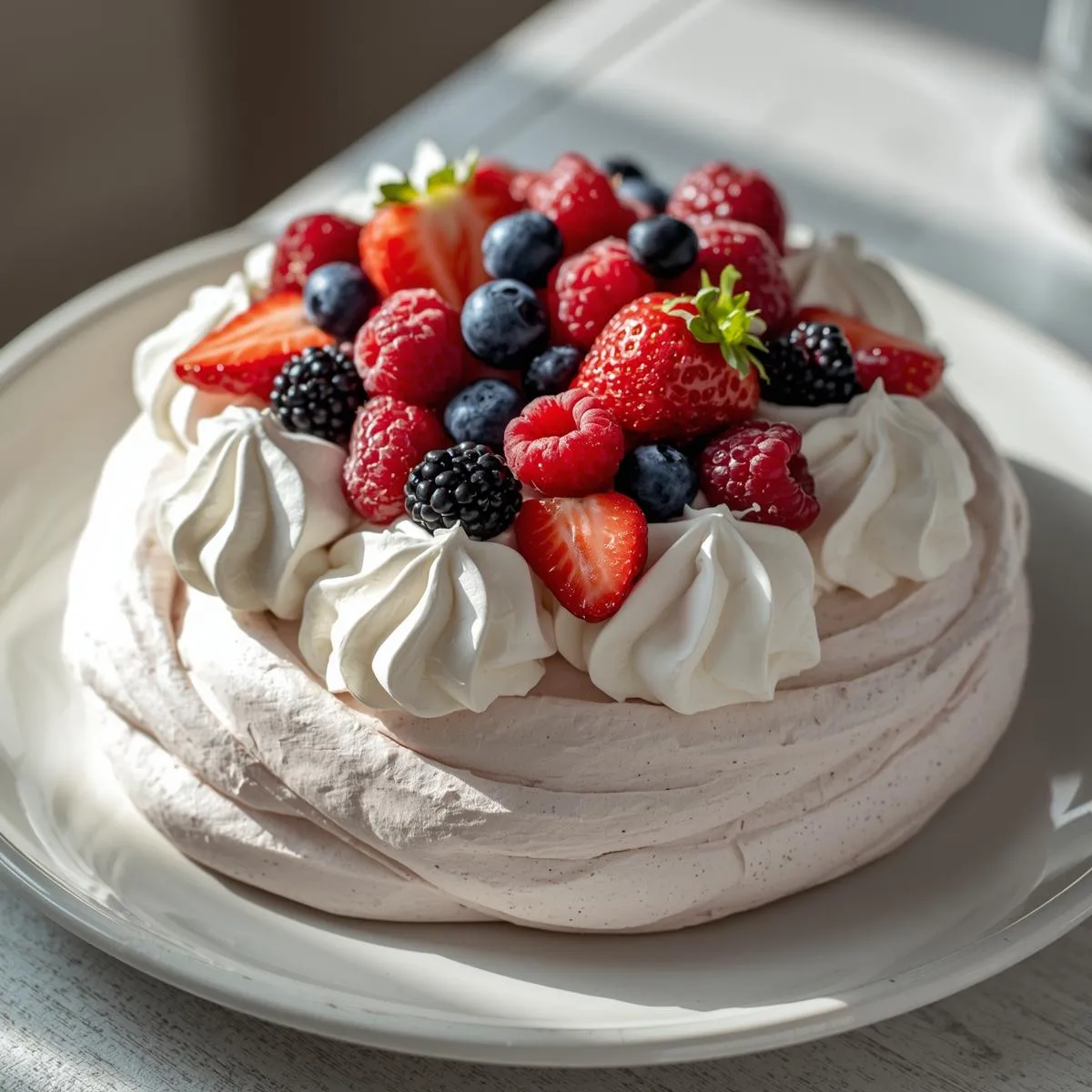 Mixed berry pavlova with whipped cream