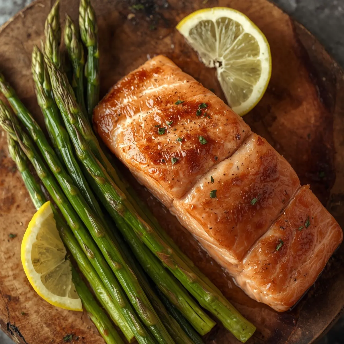 Oven-baked salmon with roasted asparagus garnished with lemon wedges
