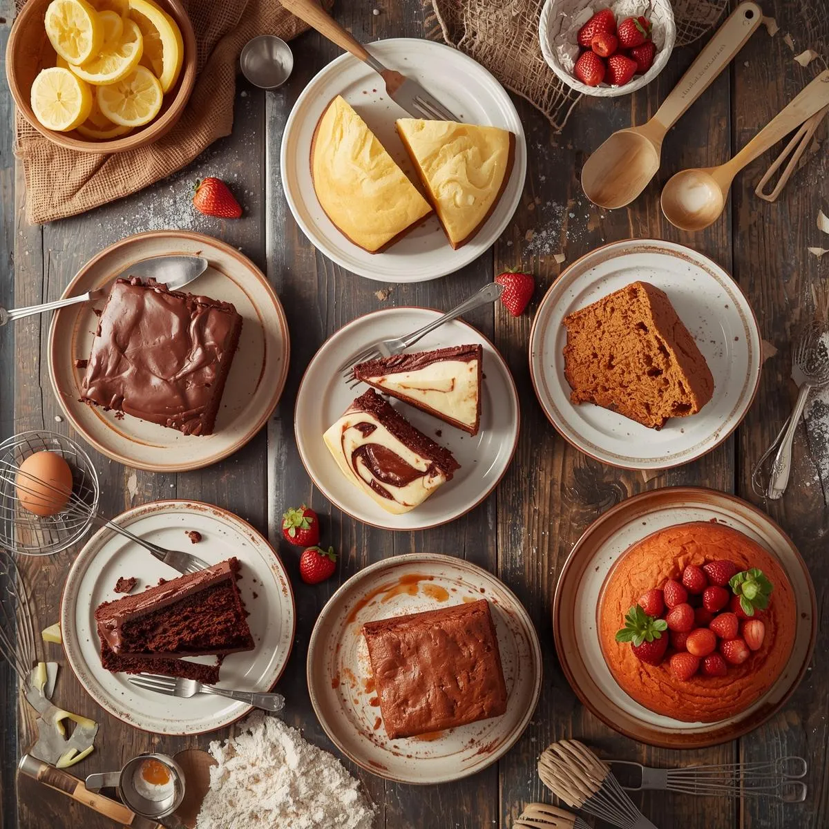 Overhead flat lay of 7 quick homemade cakes (chocolate, vanilla, lemon, marble, banana, carrot, and strawberry) on a rustic table, slices served on plates, surrounded by baking tools and ingredients, bright and cozy lighting