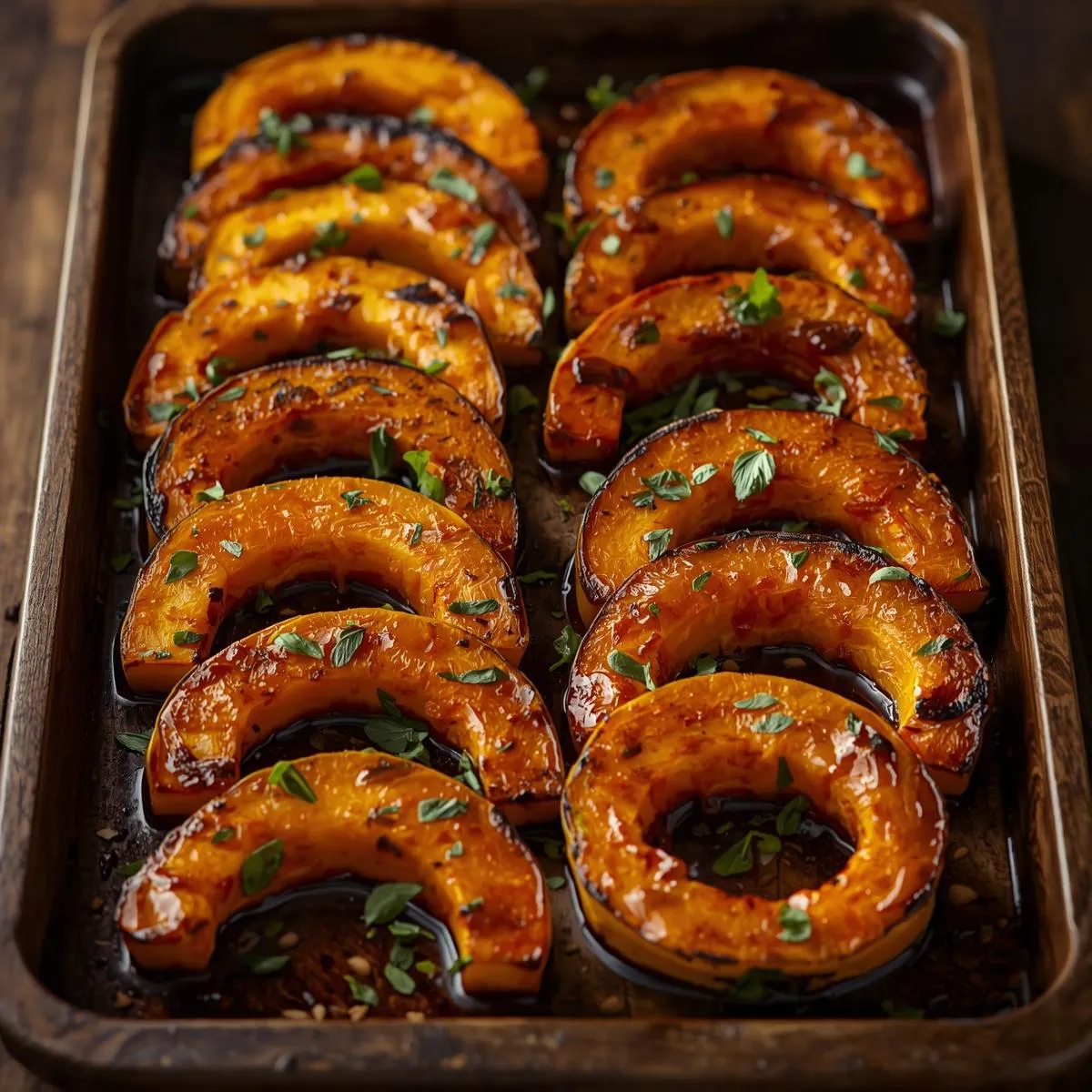 Roasted butternut squash wedges on a rustic tray, glazed with maple syrup and sprinkled with herbs