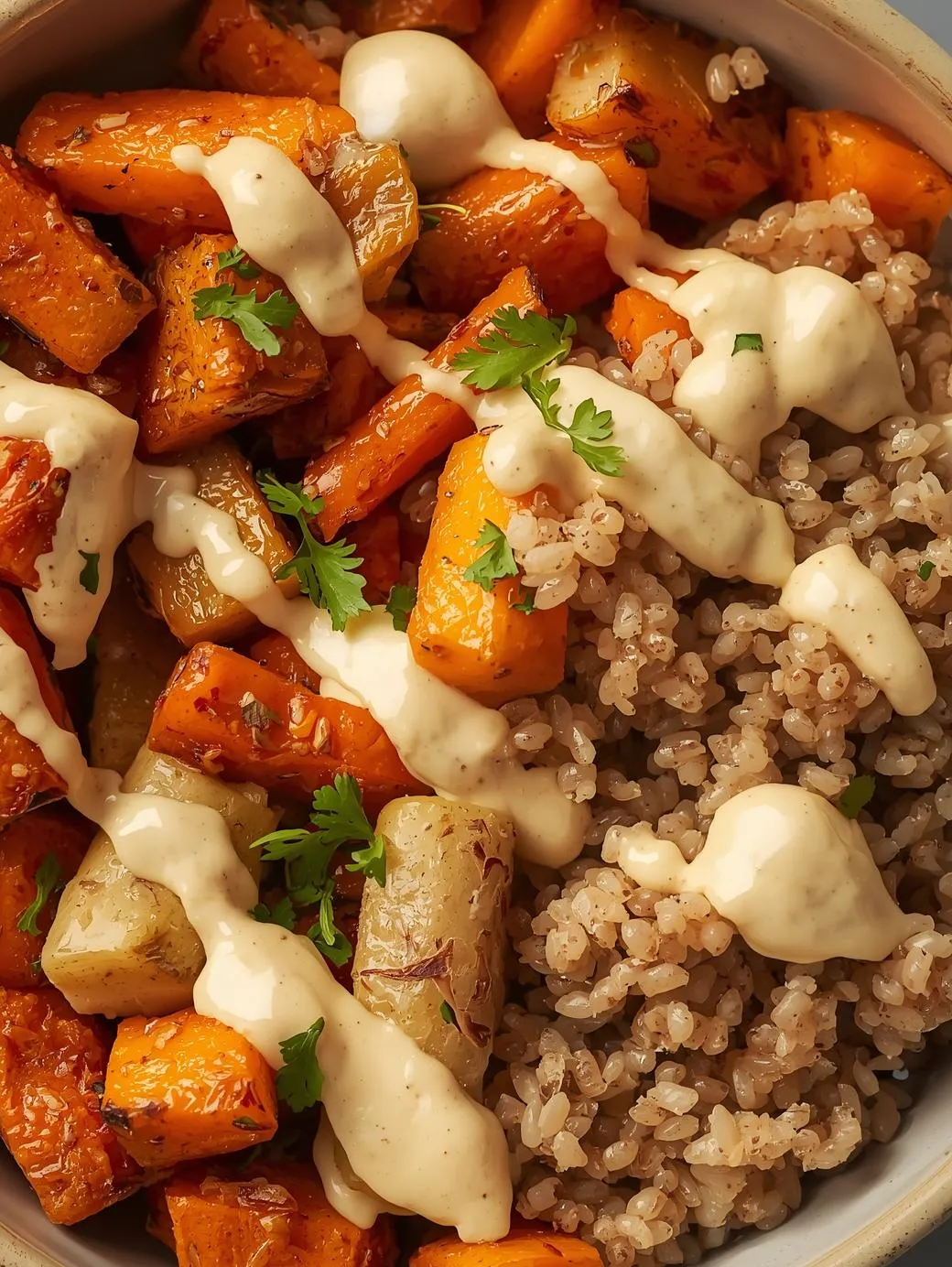Roasted vegetables and barley bowl topped with creamy tahini drizzle