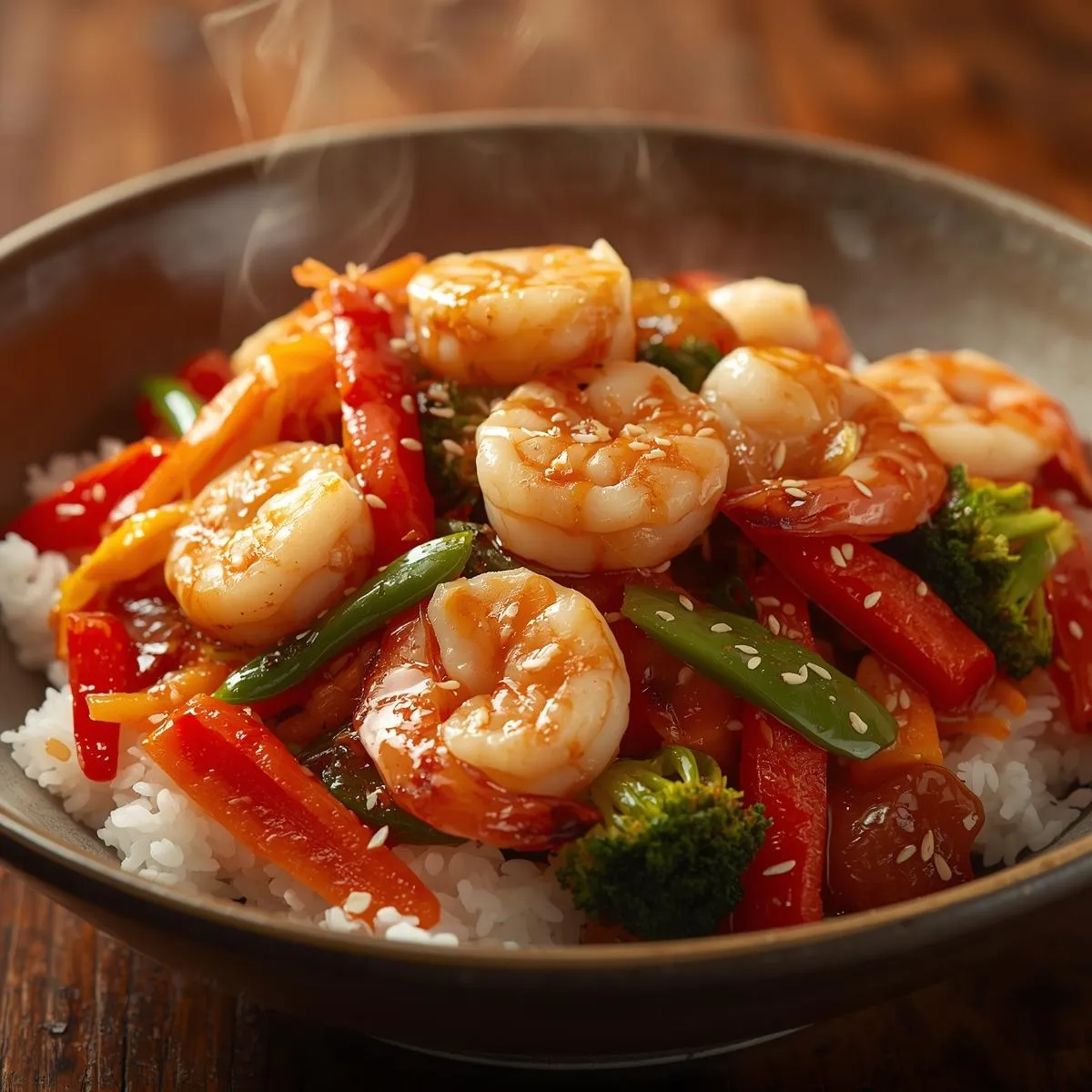 Shrimp stir-fry with colorful vegetables served over rice
