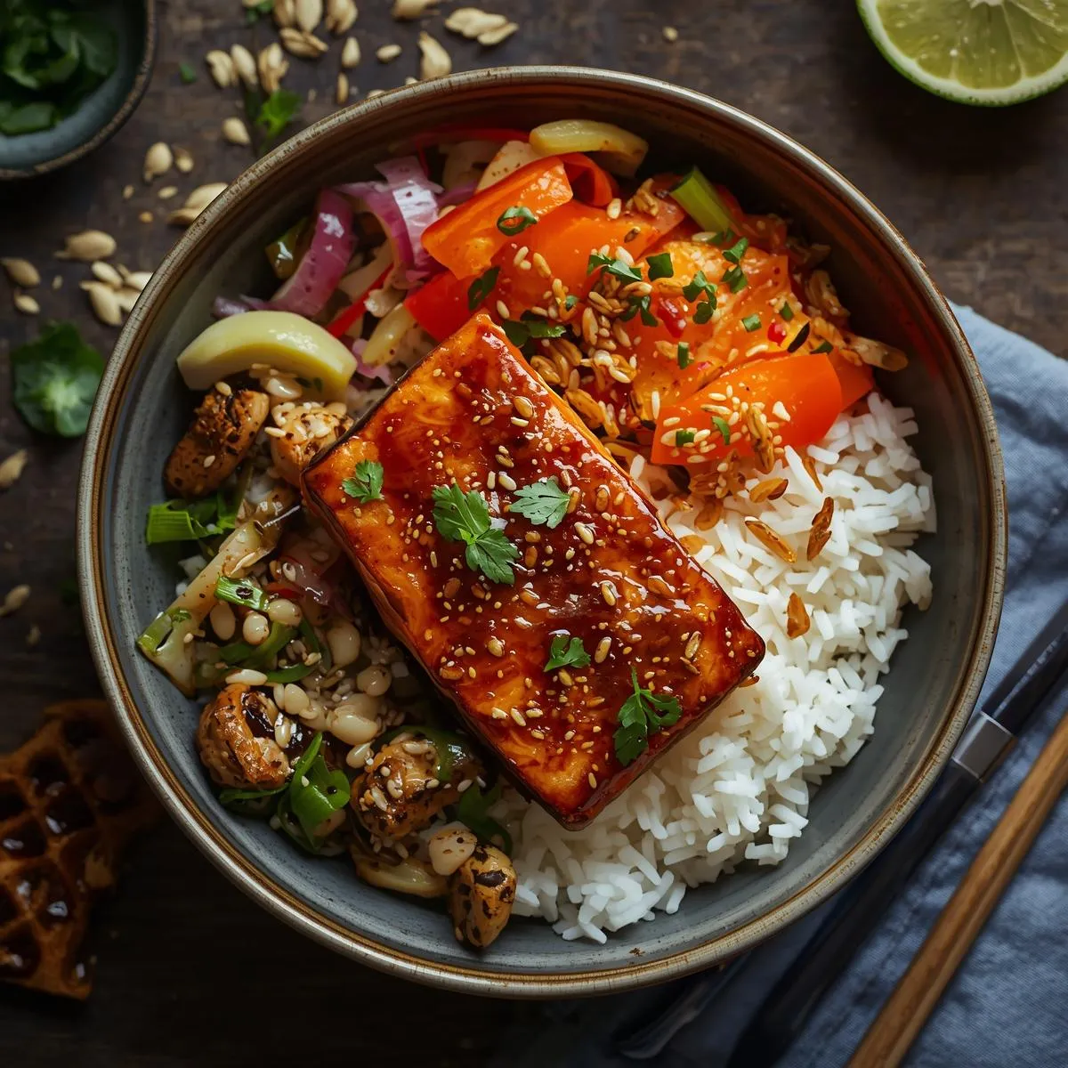 Teriyaki salmon bowl with rice and mixed vegetables