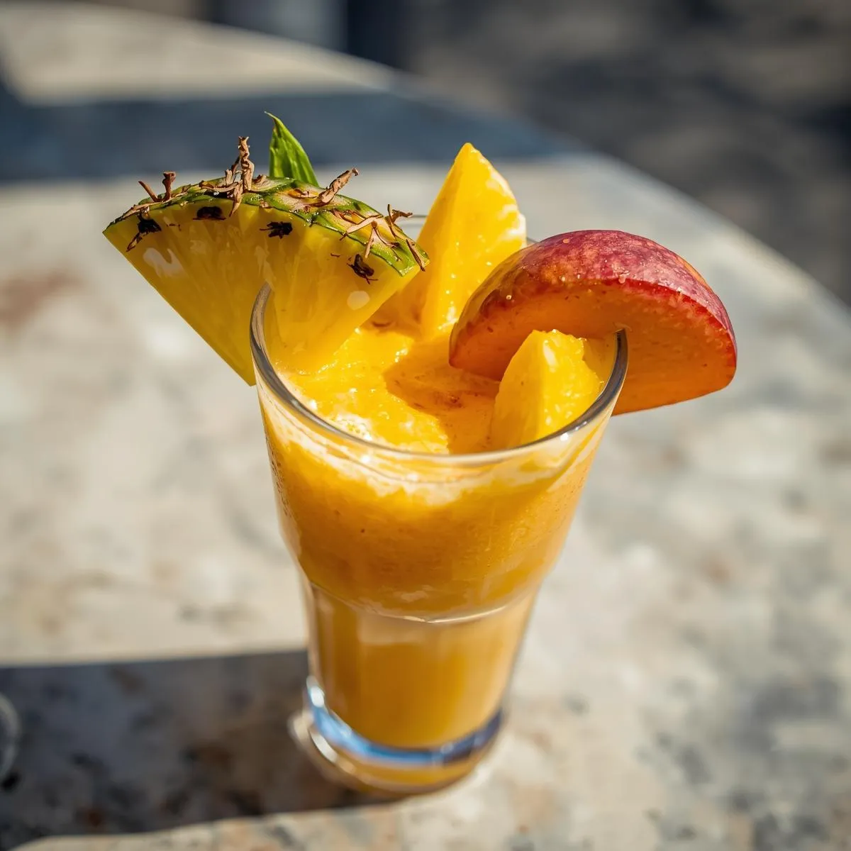 Tropical smoothie in a tall glass with pineapple and mango slices