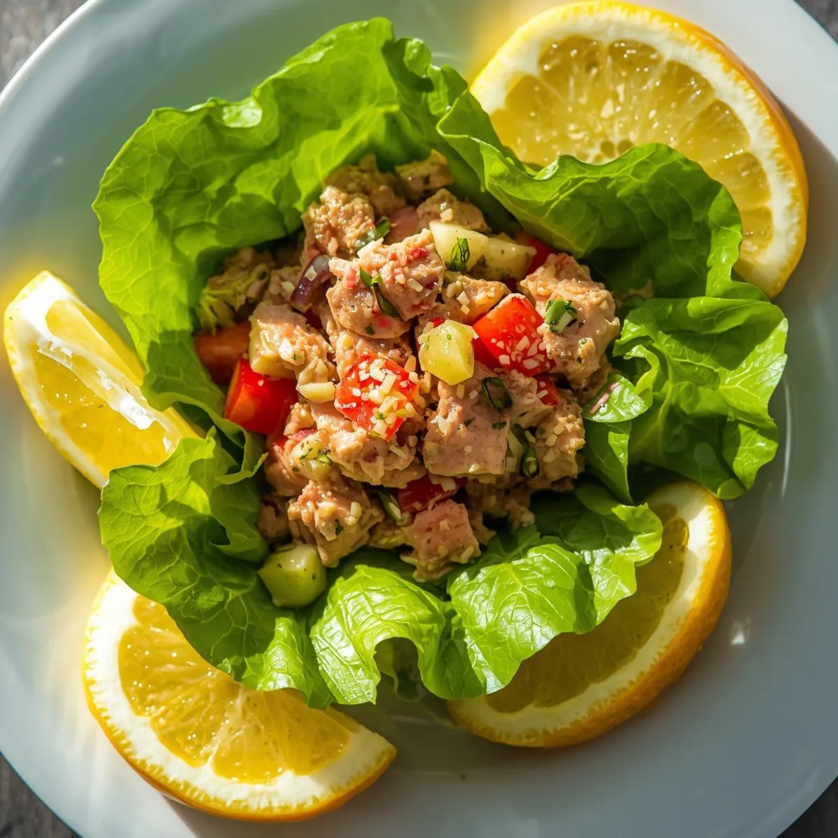 Tuna salad in lettuce wraps on a plate with lemon wedges
