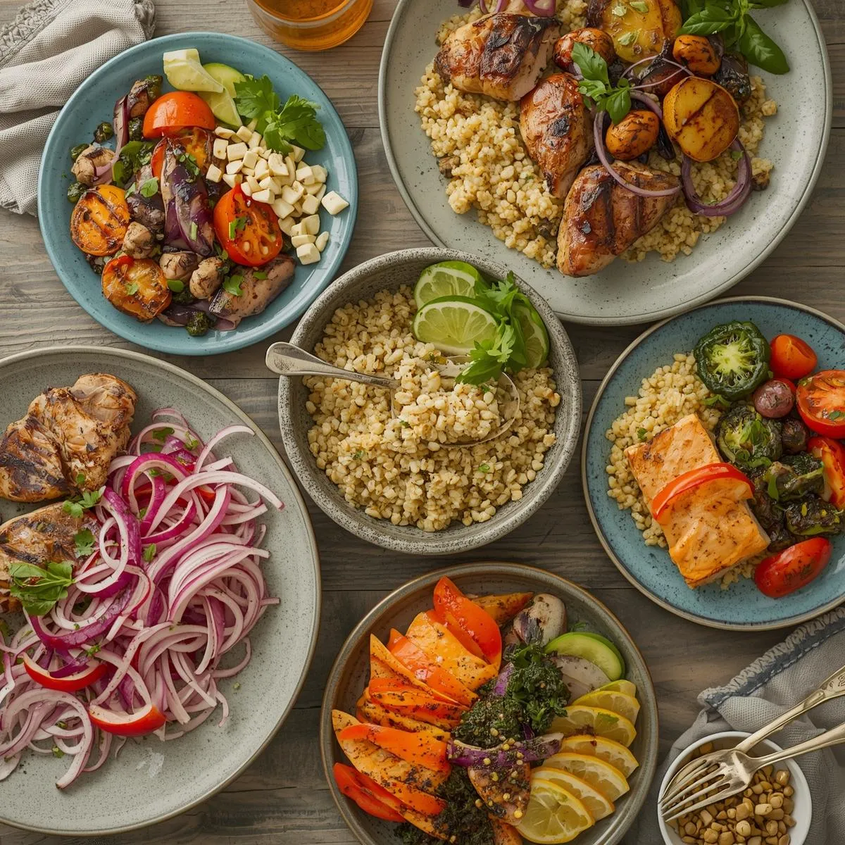 A colorful spread of high-protein meals including grilled chicken, quinoa bowl, and salmon with vegetables on a wooden table