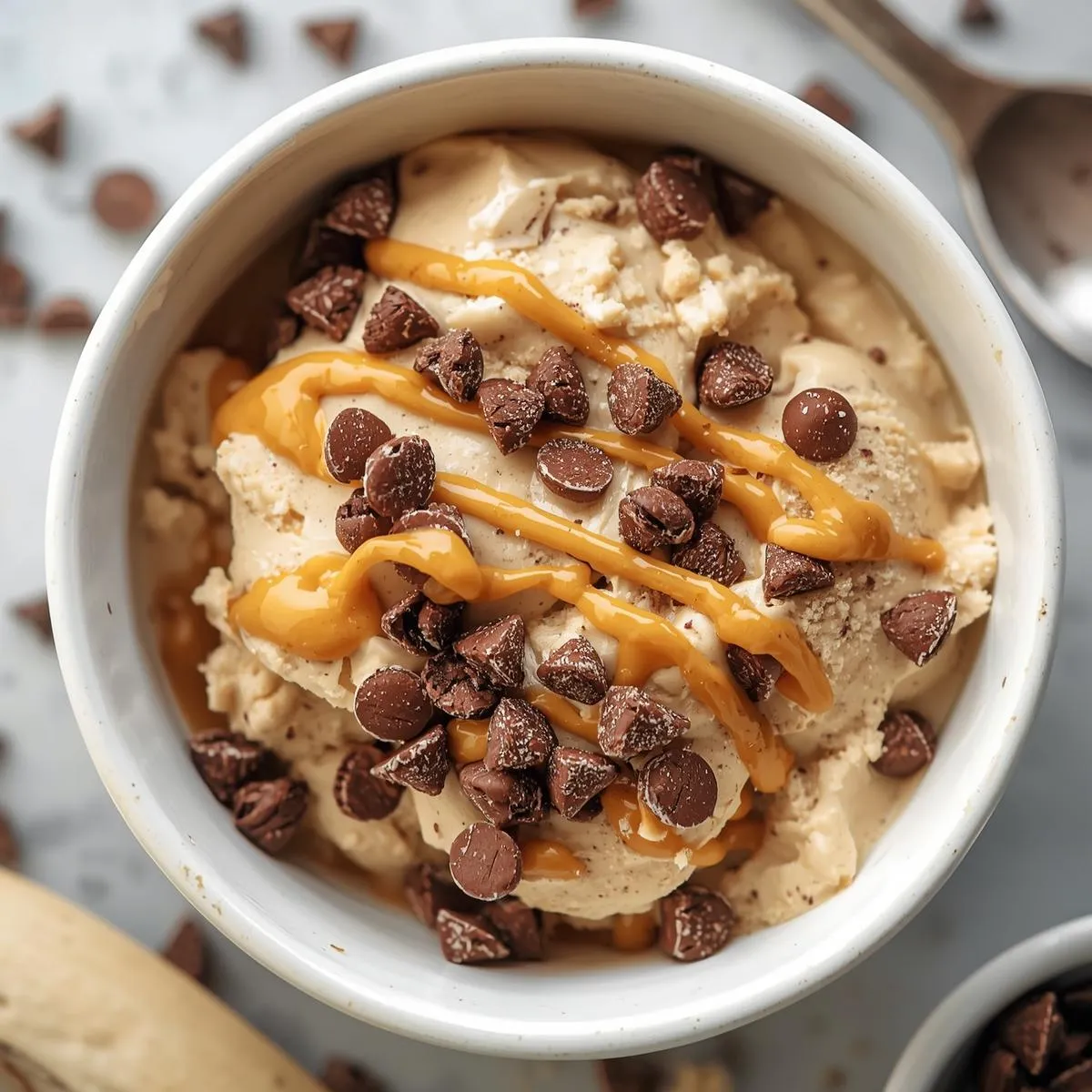 A bowl of banana nice cream topped with chocolate chips and a drizzle of peanut butter.