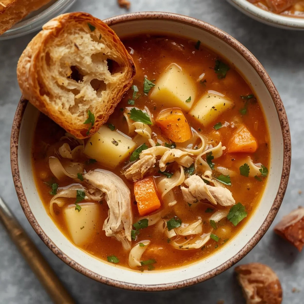A steaming bowl of hearty chicken noodle soup served with crusty bread