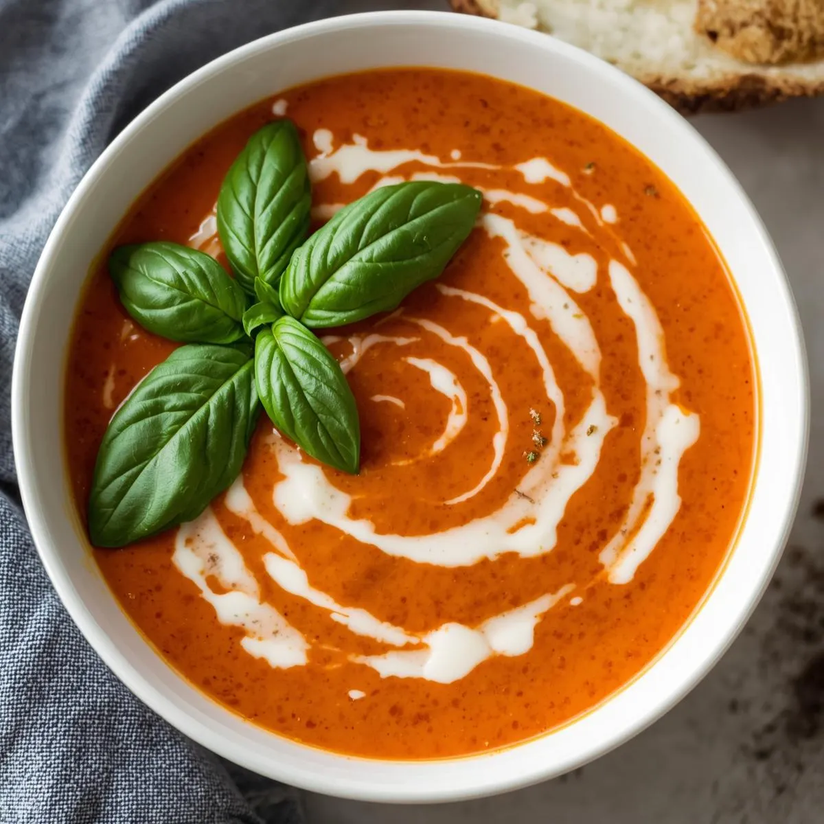 A bowl of creamy tomato basil soup garnished with fresh basil and a drizzle of cream.