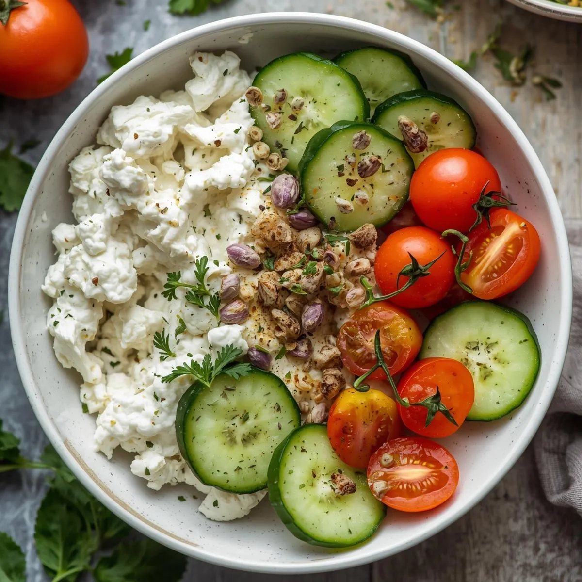 A cottage cheese bowl topped with cucumbers, cherry tomatoes, and herbs for a refreshing protein snack.