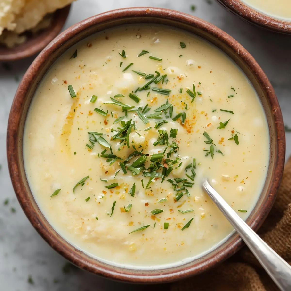 A creamy potato leek soup served in a rustic bowl with a sprinkle of herbs.