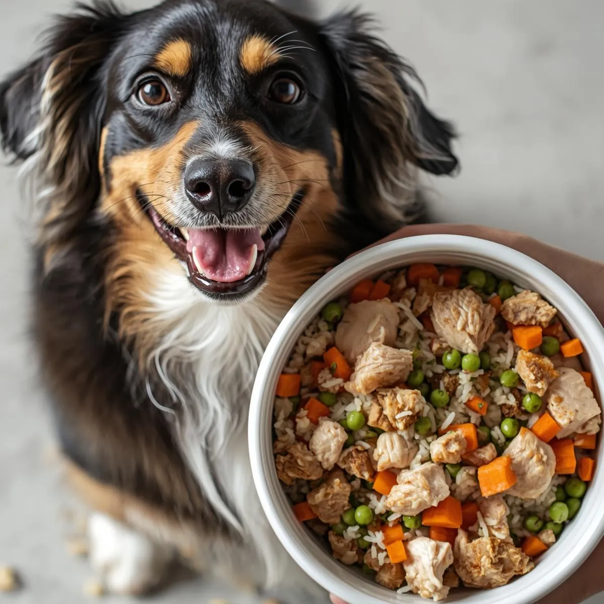 A happy dog sitting next to a bowl of fresh homemade dog food with chicken, rice, and vegetables