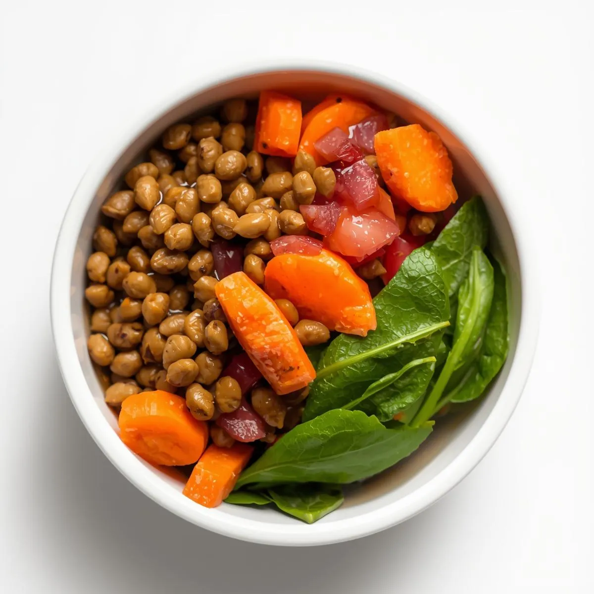 A colorful vegetarian dog food bowl with lentils, carrots, and spinach