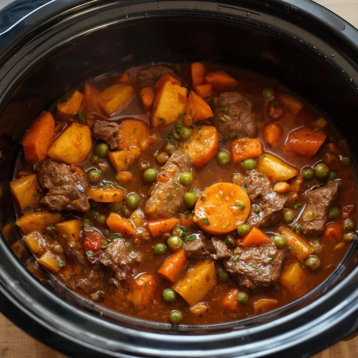 A slow cooker filled with hearty beef stew with vegetables, ready to serve