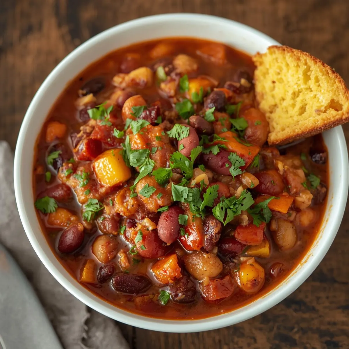 A colorful bowl of vegetarian chili with fresh herbs, served alongside cornbread