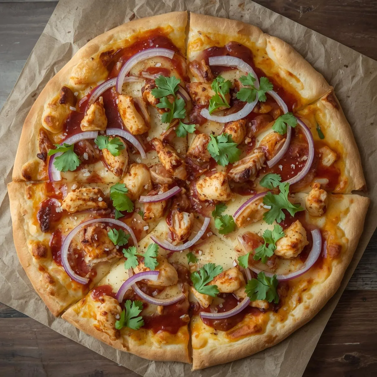 BBQ chicken pizza with red onions and cilantro