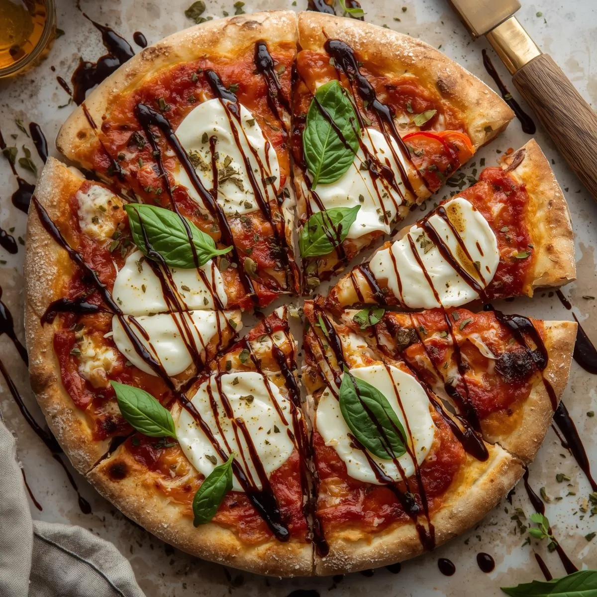 Caprese naan pizza with balsamic drizzle