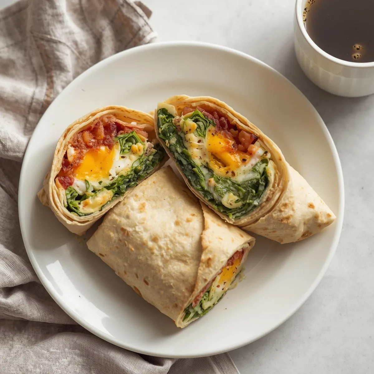 Egg and spinach breakfast wraps cut in half, placed on a white plate with a cup of coffee beside them.