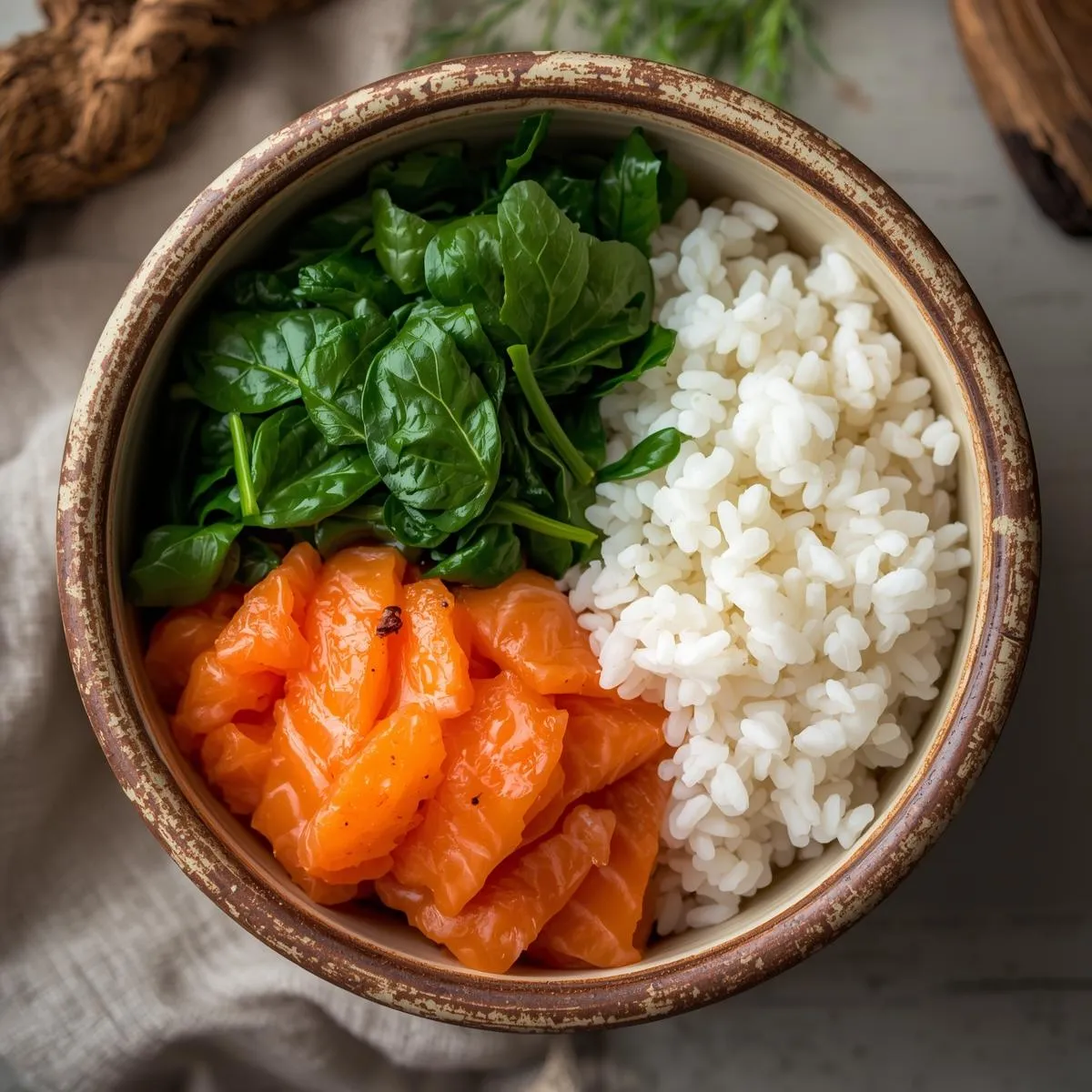 Fresh salmon, spinach, and rice in a dog bowl with a rustic background
