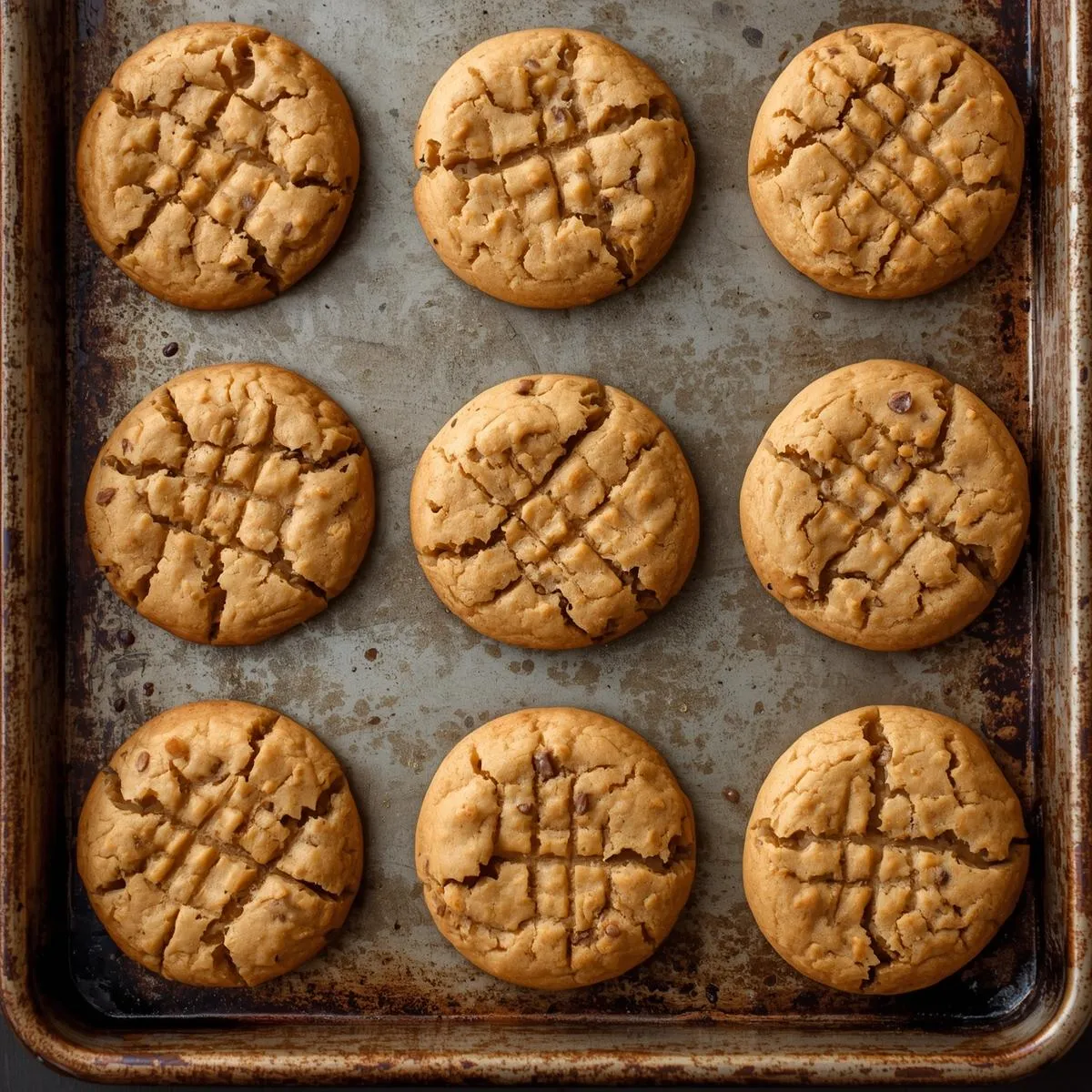 Freshly baked peanut butter cookies on a rustic baking tray