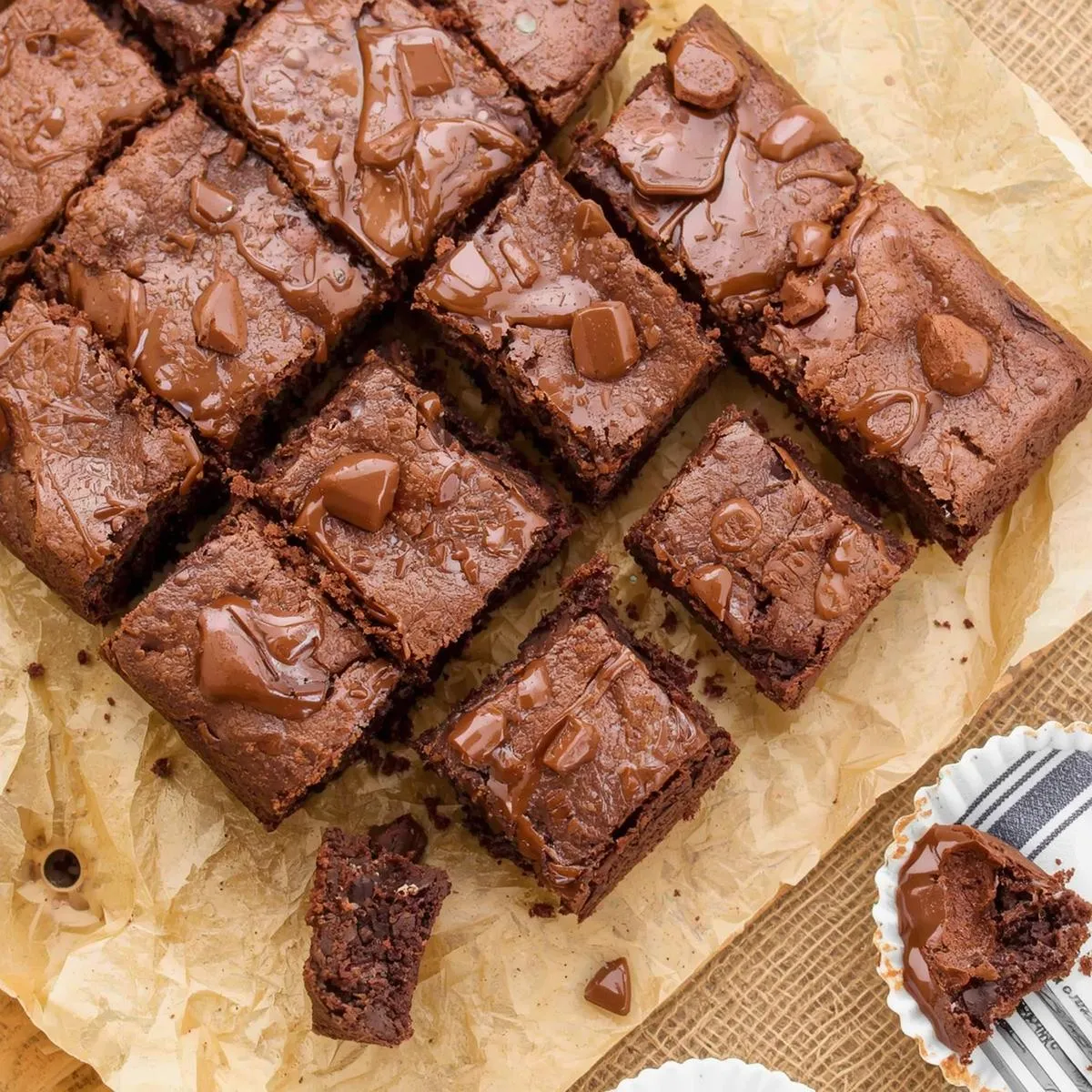 Gooey chocolate brownies cut into squares on a wooden board.