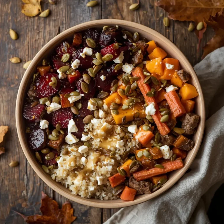 Harvest Grain Bowl with Roasted Root Vegetables + Goat Cheese