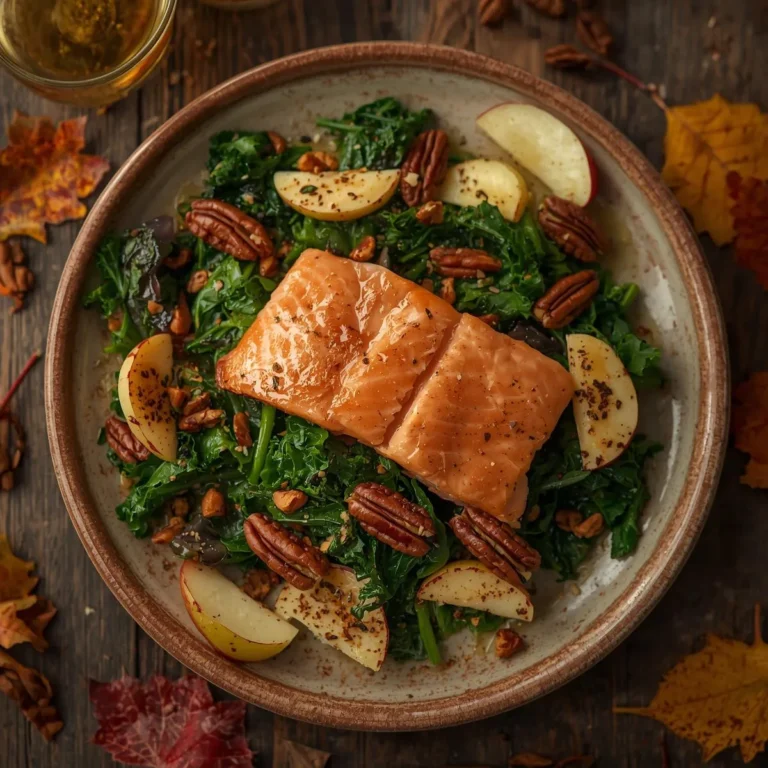 Applewood Smoked Salmon on Warm Salad of Kale, Apples & Pecans