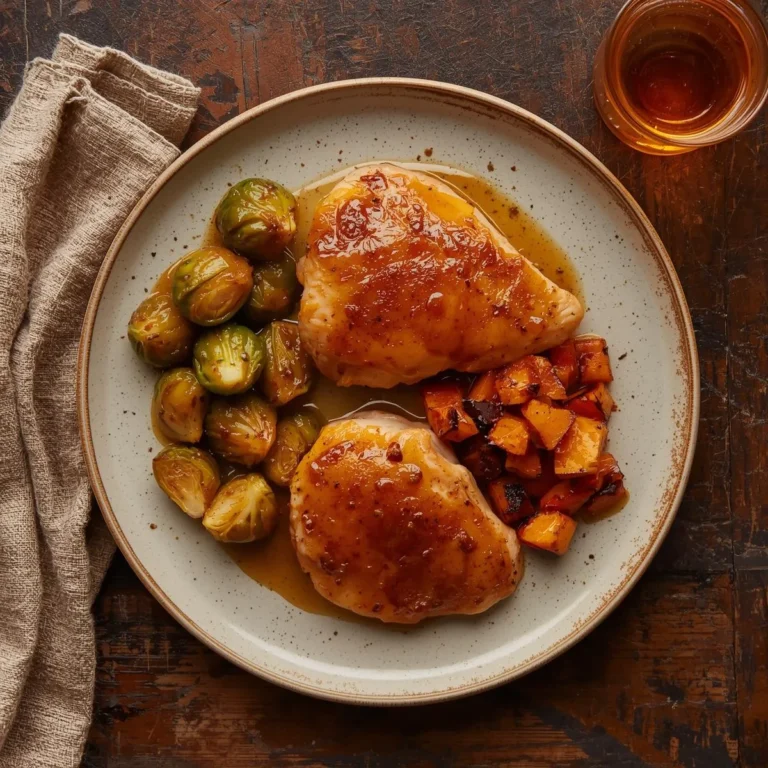 Filet of Chicken with Apple-Cider Reduction, Roasted Brussels Sprouts & Sweet Potatoes