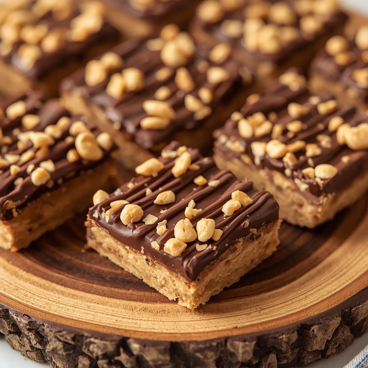 No-bake chocolate peanut butter bars on a wooden plate