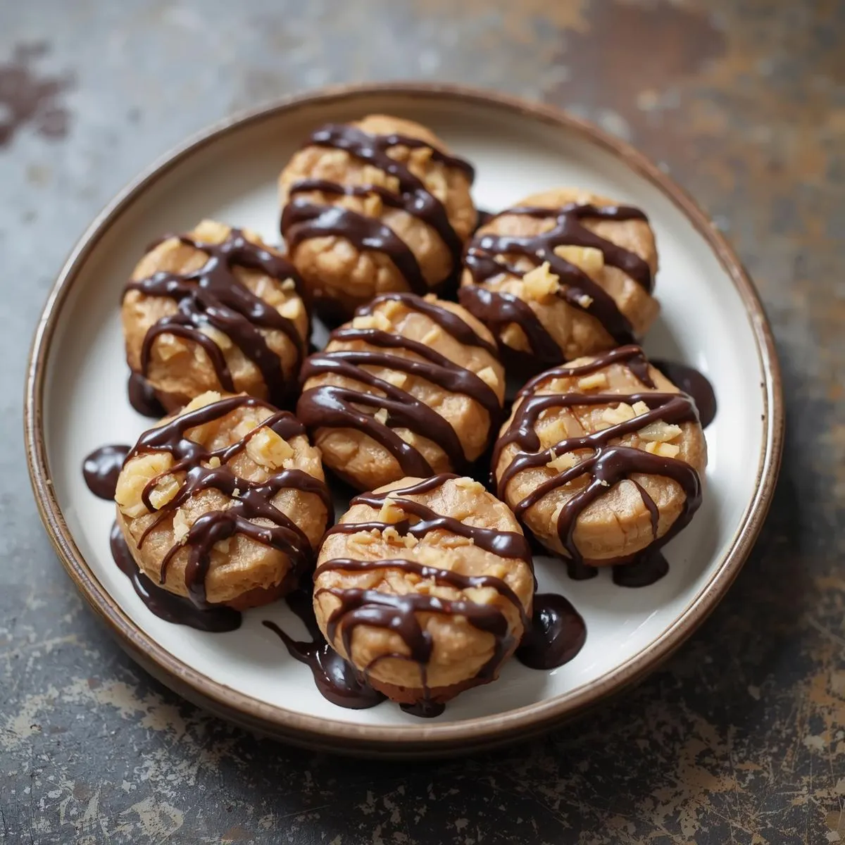 Peanut butter banana bites drizzled with chocolate, arranged on a small plate.
