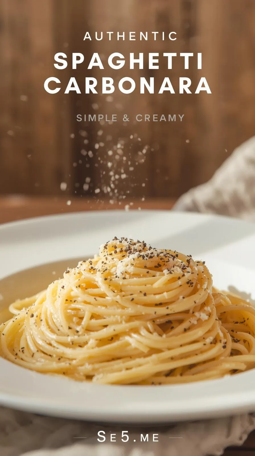 Creamy spaghetti carbonara topped with crispy pancetta and parsley