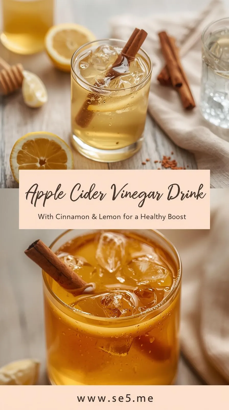 Apple cider vinegar drink with cinnamon stick and lemon wedge