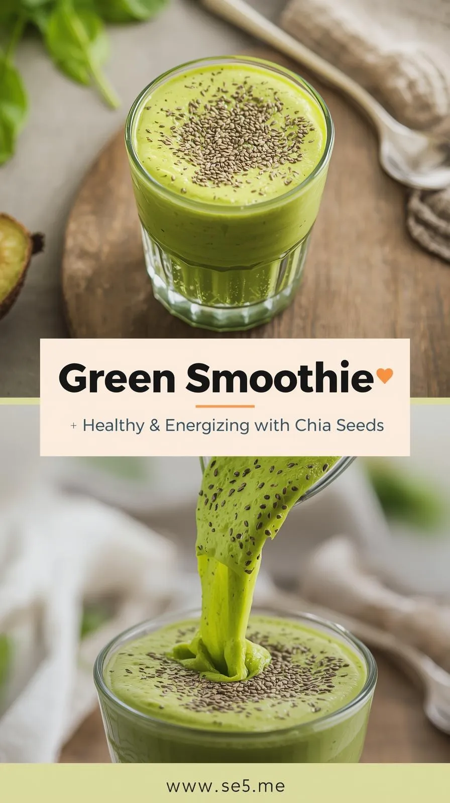 Green smoothie in a glass with chia seeds on top