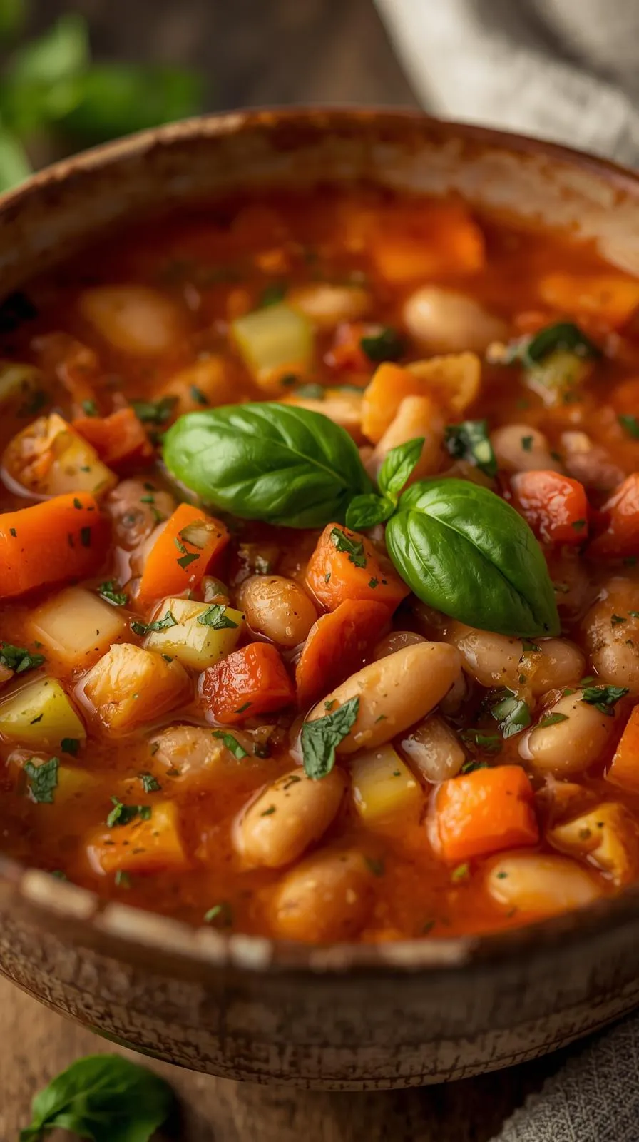 Rustic bowl of minestrone soup with beans, pasta, and fresh basil