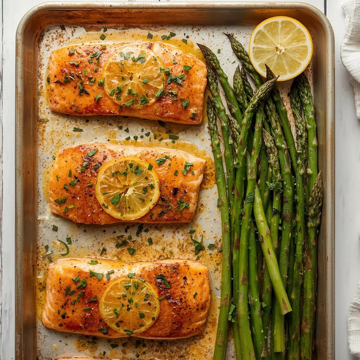 Sheet pan salmon and asparagus drizzled with lemon butter