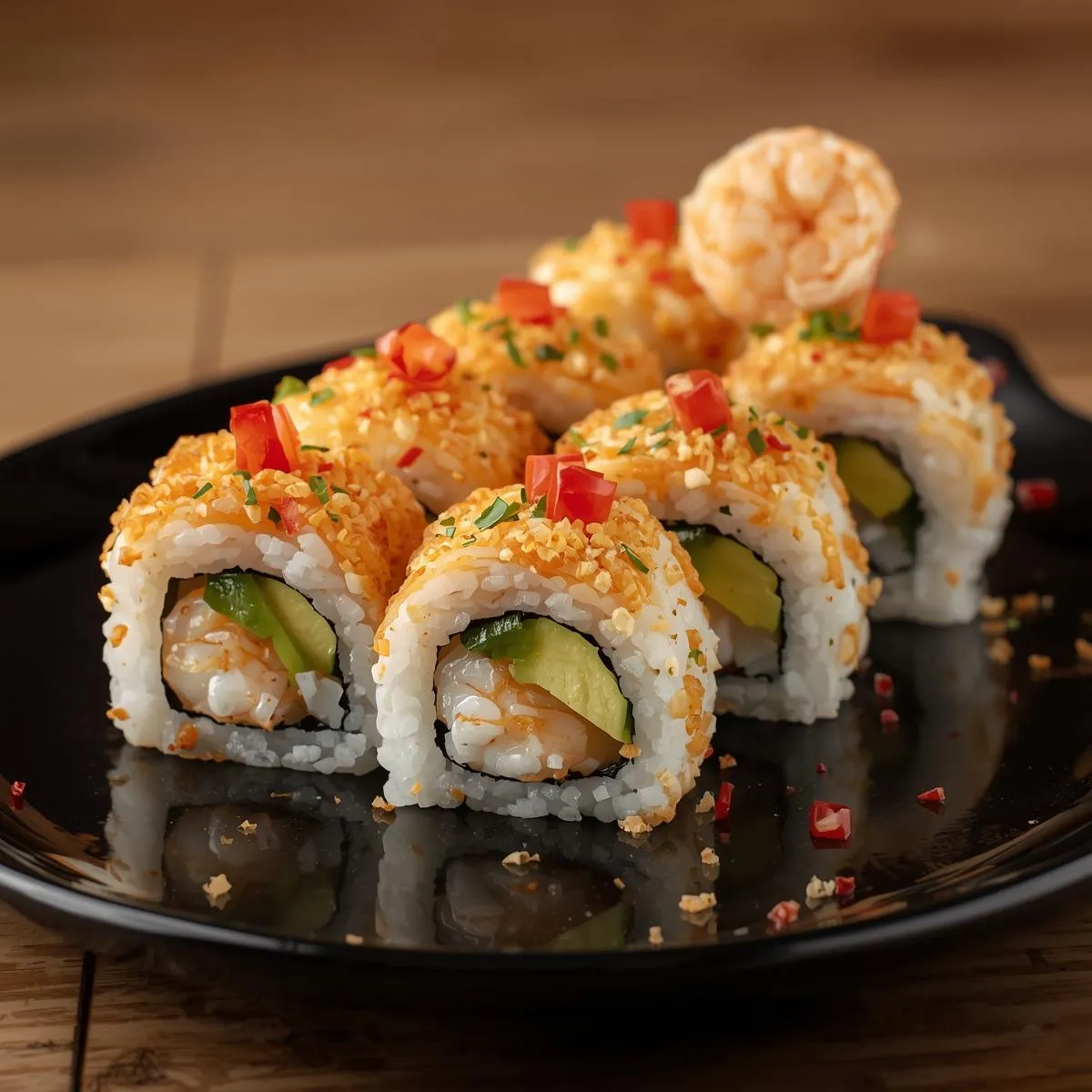 Shrimp tempura sushi rolls with avocado and cucumber