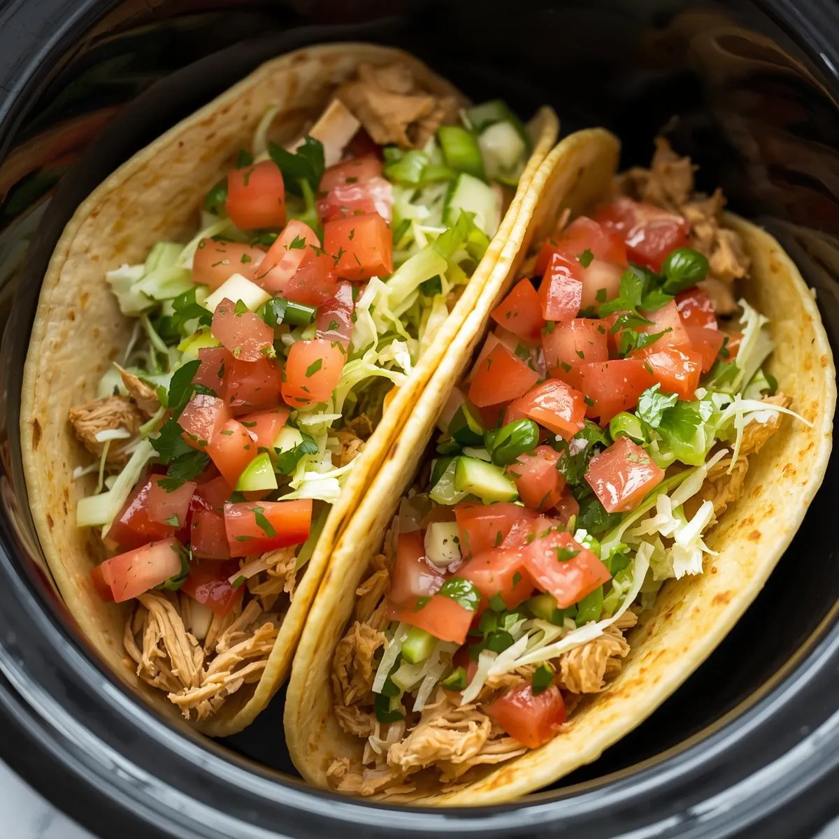 Soft tortillas filled with shredded chicken, lettuce, and salsa from a slow cooker recipe.