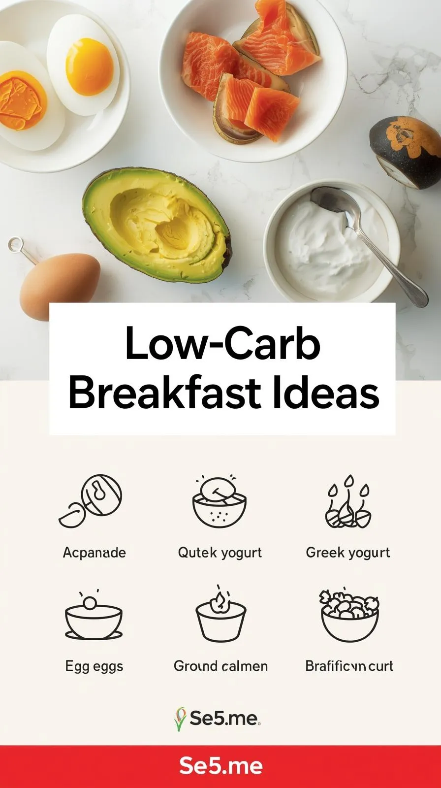 Vertical 9:16 pin featuring a low-carb breakfast spread — top: avocado bowls, omelets, and smoothie bowls on a light table; bottom: close-up of a person enjoying coffee and a healthy breakfast. Title centered: 'Start Your Day Right with Low-Carb Breakfasts.' Brand 'Se5.me' at bottom. Bright morning light, clean natural setting, DSLR lifestyle shot, calm and uplifting atmosphere