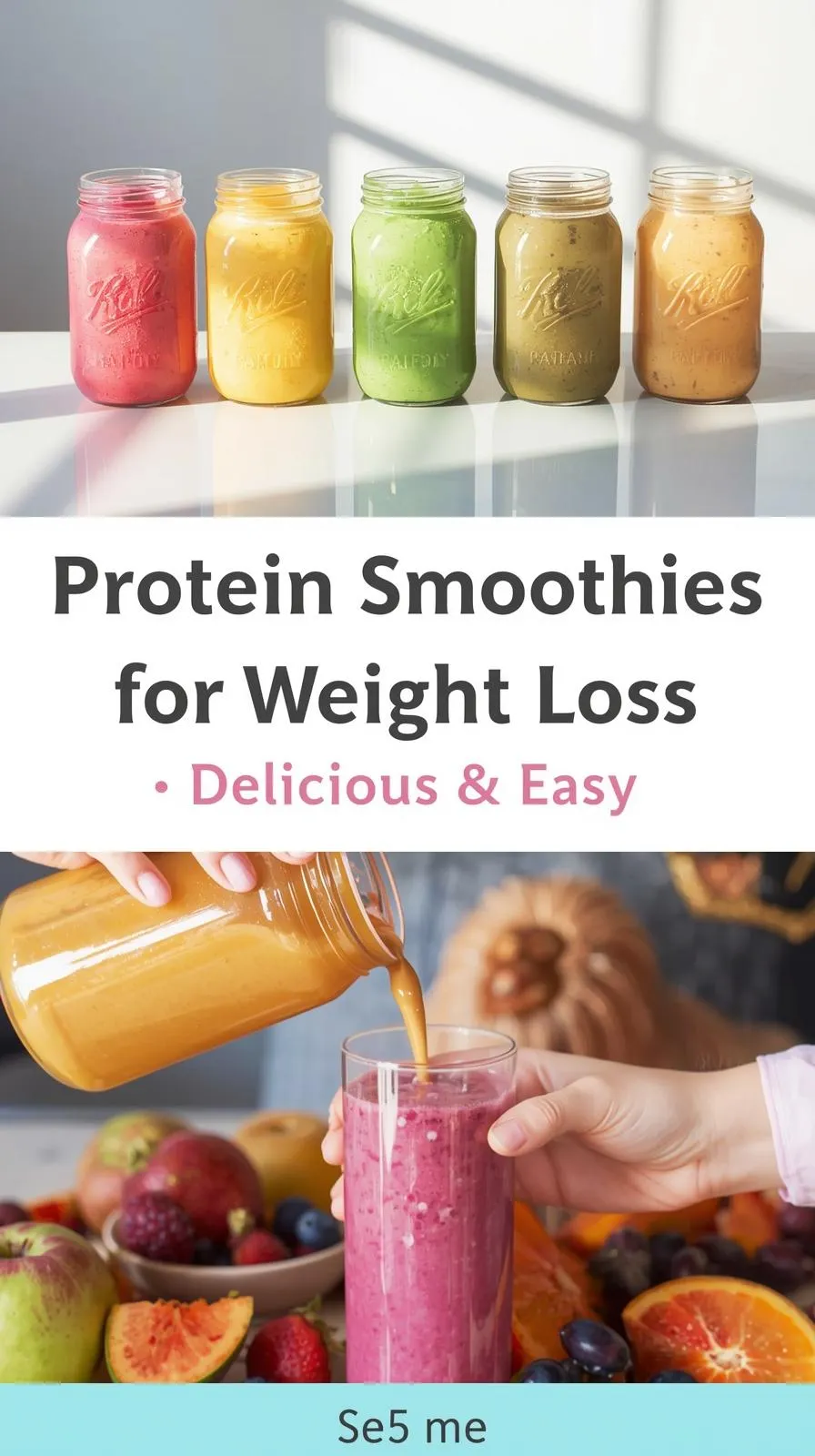 Vertical 9:16 pin featuring a variety of protein smoothies — top: 5 colorful smoothie jars arranged on a bright counter; bottom: close-up of a person pouring a smoothie into a glass with fresh fruits around. Title centered: 'Protein Smoothies for Weight Loss — Delicious & Easy.' Brand 'Se5.me' at bottom. Bright natural daylight, clean neutral kitchen, DSLR overhead and lifestyle photography, cheerful and energizing mood