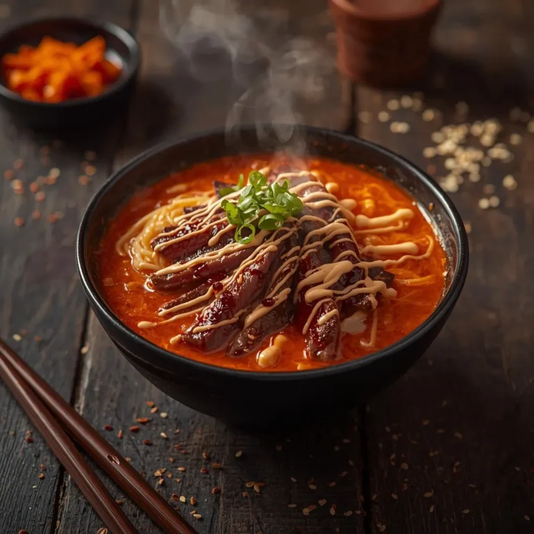 Delicious Spicy Korean Ramen with Grilled Beef & Creamy Sauce Recipe